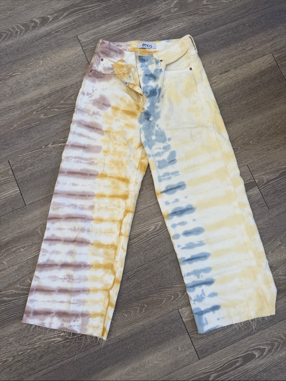 Etica Tie-Dye Wide Leg Jeans in Yellow, Blue, and Brown